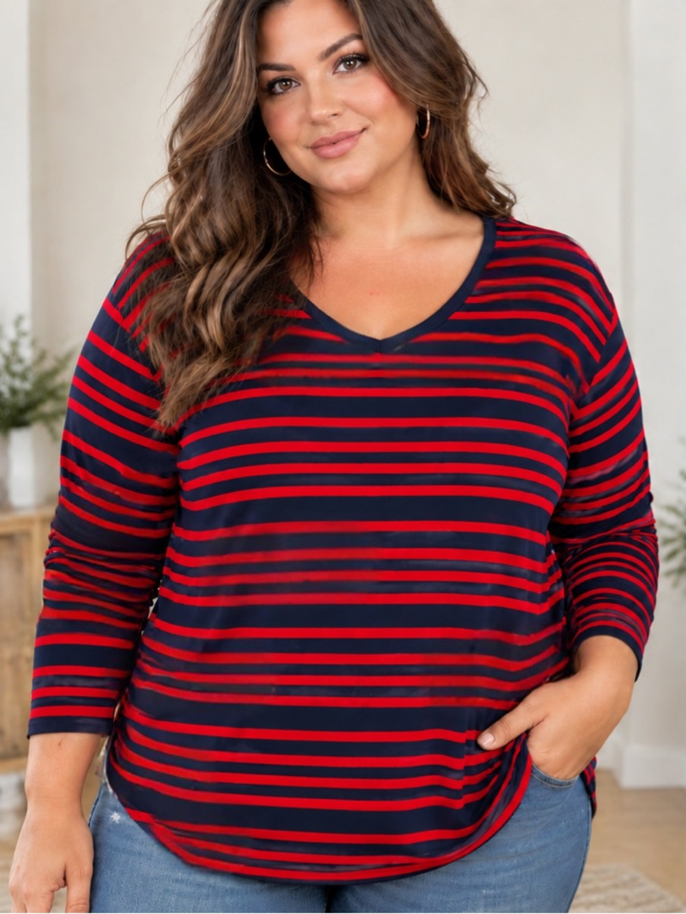 Torrid Navy & Red Stripe 3/4 Sleeve V-Neck Top – Plus Size 2XL